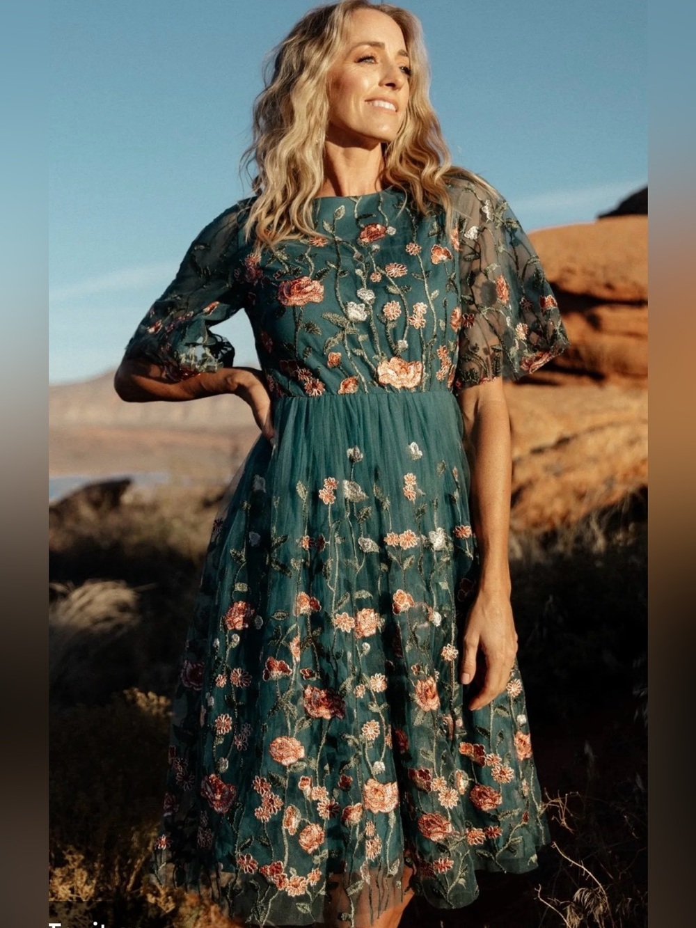 Baltic Born Teal Floral Embroidered Midi Dress